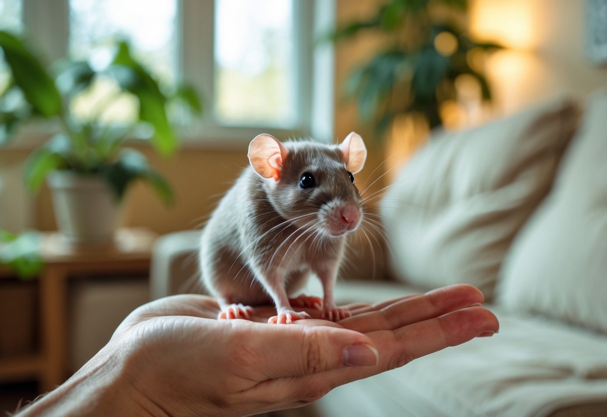 Um rato de estimação sendo segurado delicadamente na mão de uma pessoa em uma sala aconchegante com plantas e luz natural.