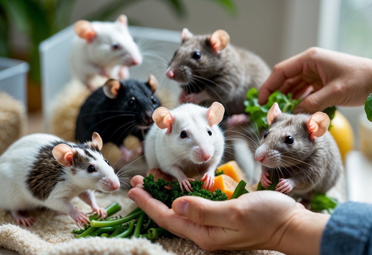 Vários tipos de ratos de estimação em um ambiente interno limpo, mostrando diferentes cores e padrões de pelagem, interagindo com alimentos e mãos humanas.