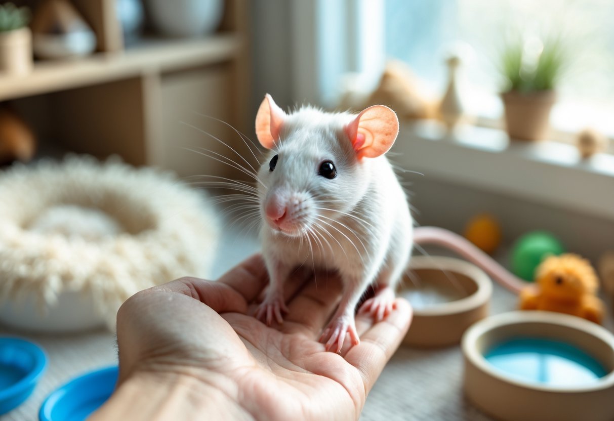 Um rato de estimação limpo e saudável em uma mão humana, em um ambiente interno aconchegante e bem cuidado.