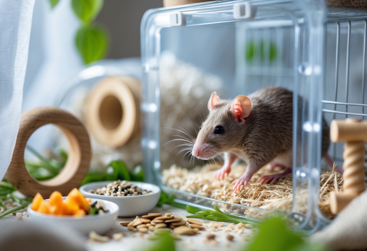 Um rato de estimação dentro de uma gaiola organizada com comida, brinquedos e água.