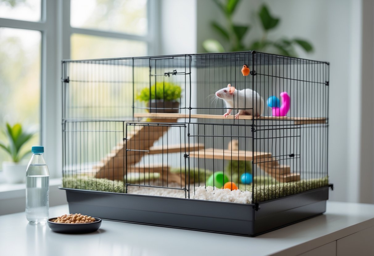 Gaiola ideal para ratos de estimação, com vários níveis, brinquedos e água, em ambiente interno iluminado.