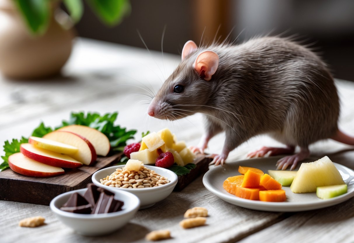 Um rato de estimação explorando uma mesa com alimentos seguros e não seguros para seu consumo, em um ambiente limpo e bem iluminado.