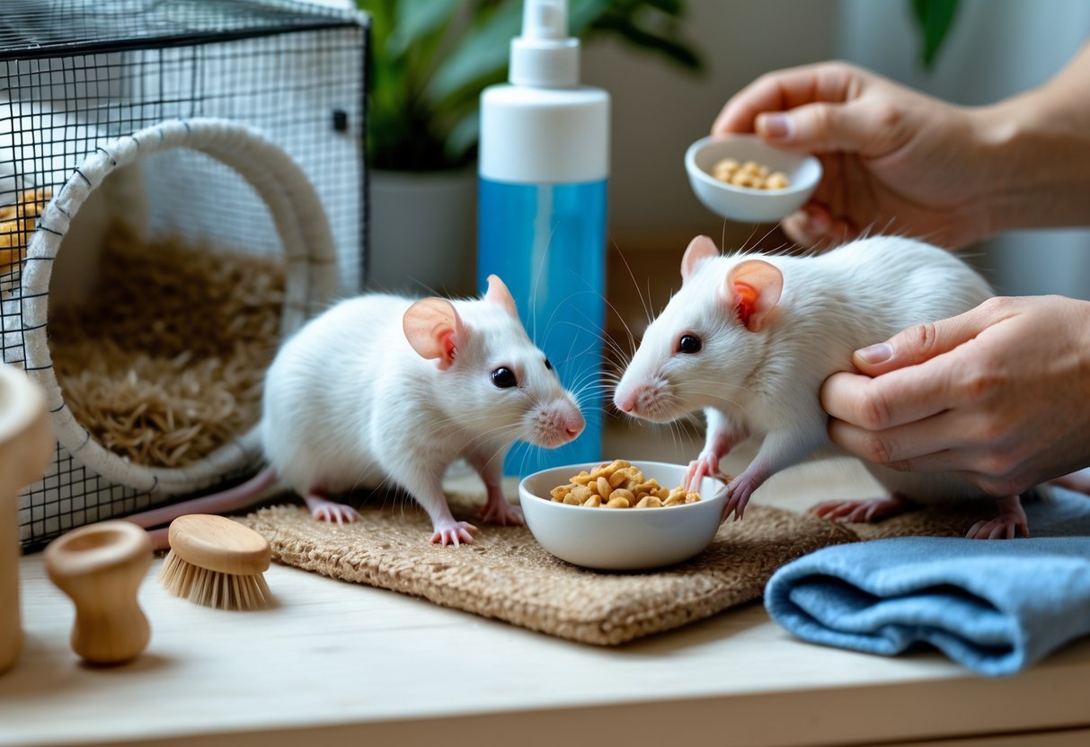 Dois ratos de estimação saudáveis em uma gaiola limpa com brinquedos, enquanto uma pessoa oferece comida e água, mostrando cuidados diários.