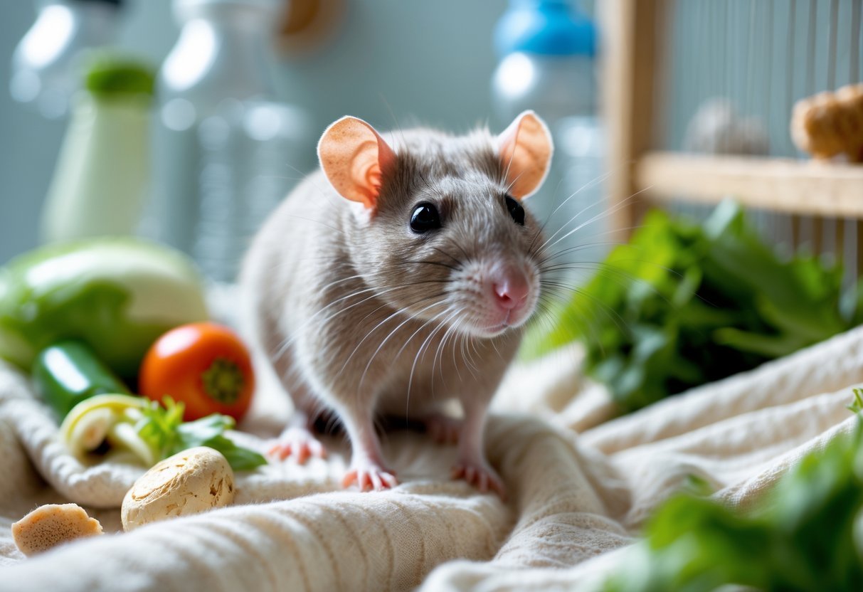 Um rato de estimação saudável em um ambiente limpo e bem cuidado, com alimentos frescos e brinquedos ao redor.