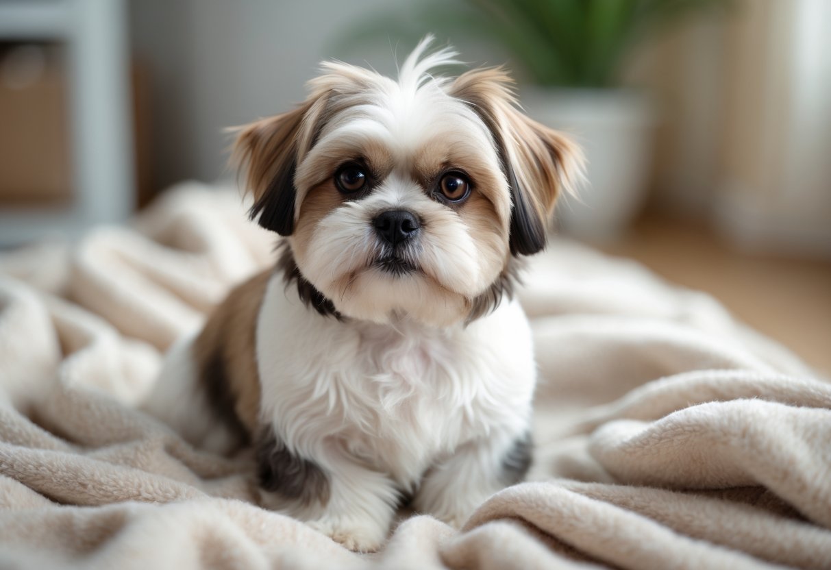 Um cachorro Shih Tzu sentado em um cobertor claro, com pelagem branca e marrom, olhando calmamente para a câmera em um ambiente interno aconchegante.