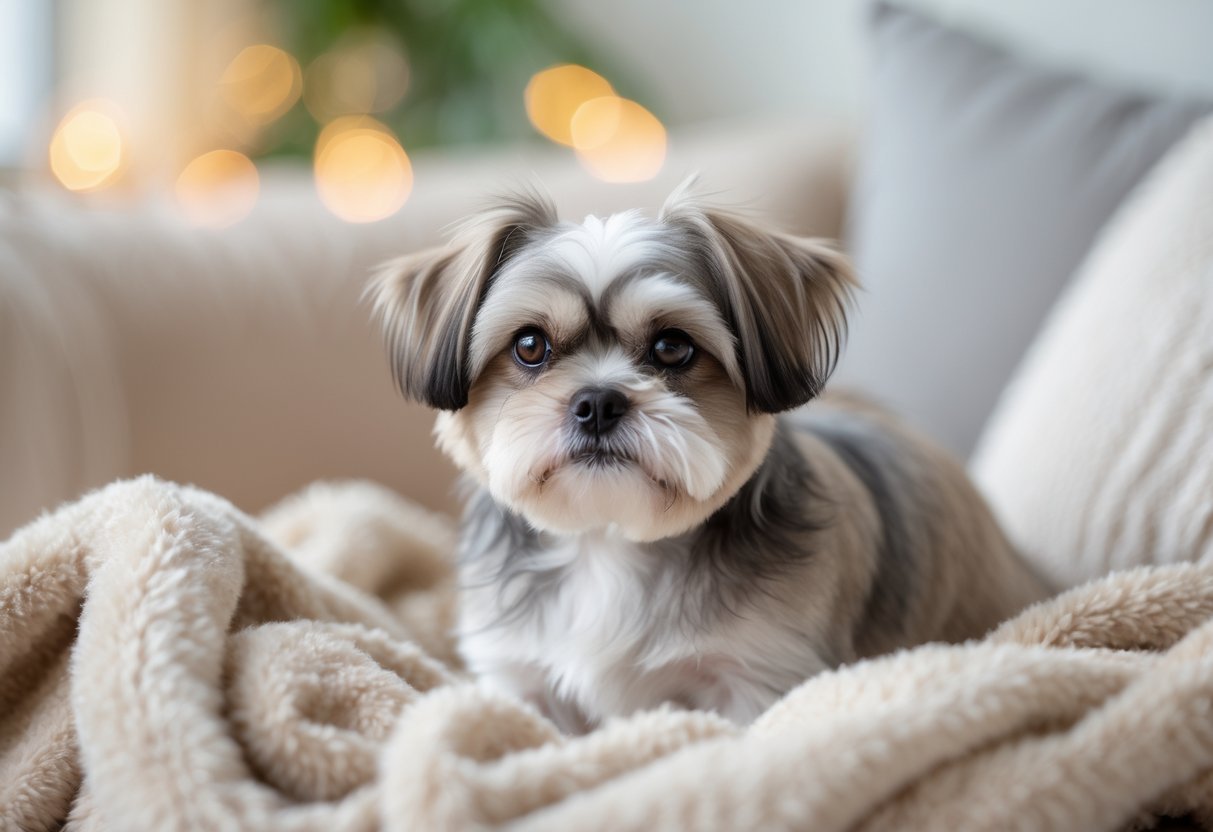 Um cão Shih Tzu sentado em um ambiente interno aconchegante, olhando para a câmera com expressão amigável.