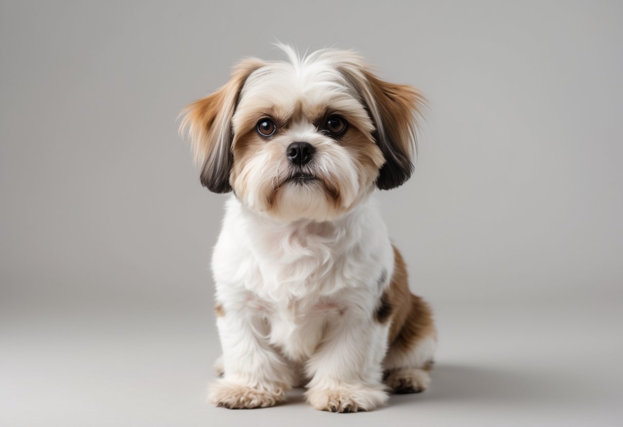 Um cachorro Shih Tzu adulto sentado, com pelo branco e marrom, olhando atentamente para frente.