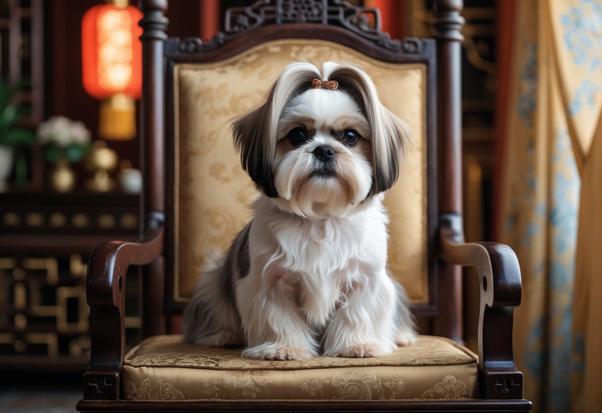 Um cachorro Shih Tzu sentado em uma cadeira elegante com decoração tradicional chinesa ao fundo.