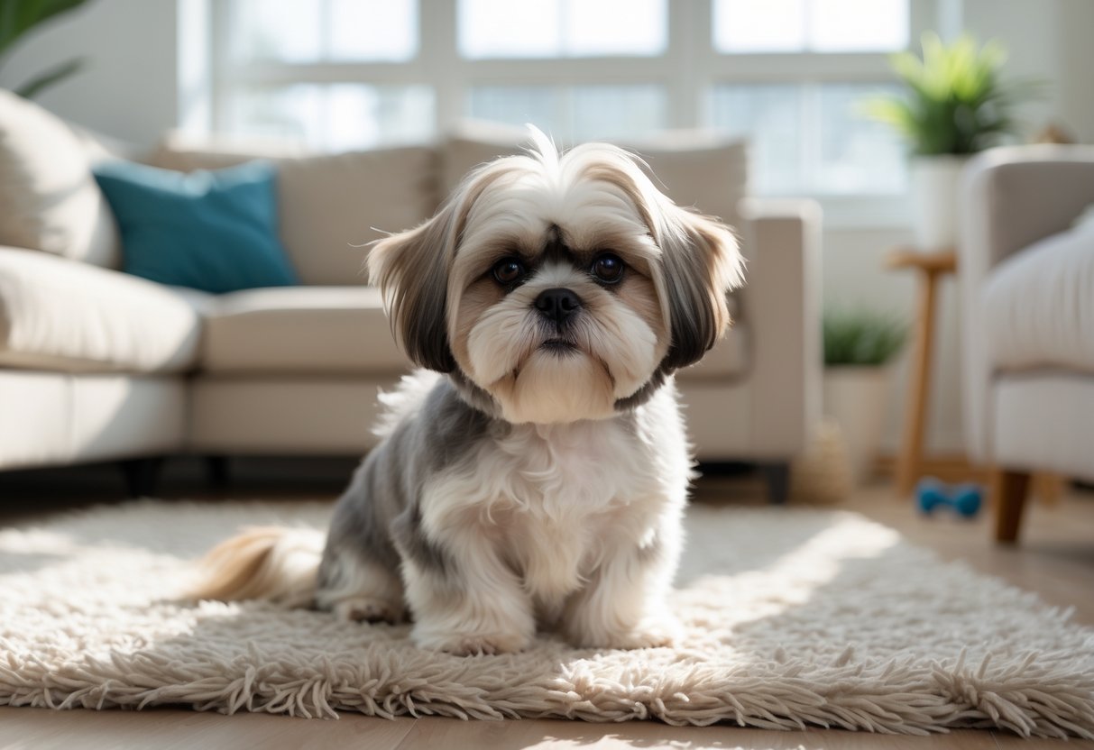 Um cachorro Shih Tzu sentado em um tapete claro em uma sala de estar iluminada, com móveis confortáveis e brinquedos de cachorro ao redor.