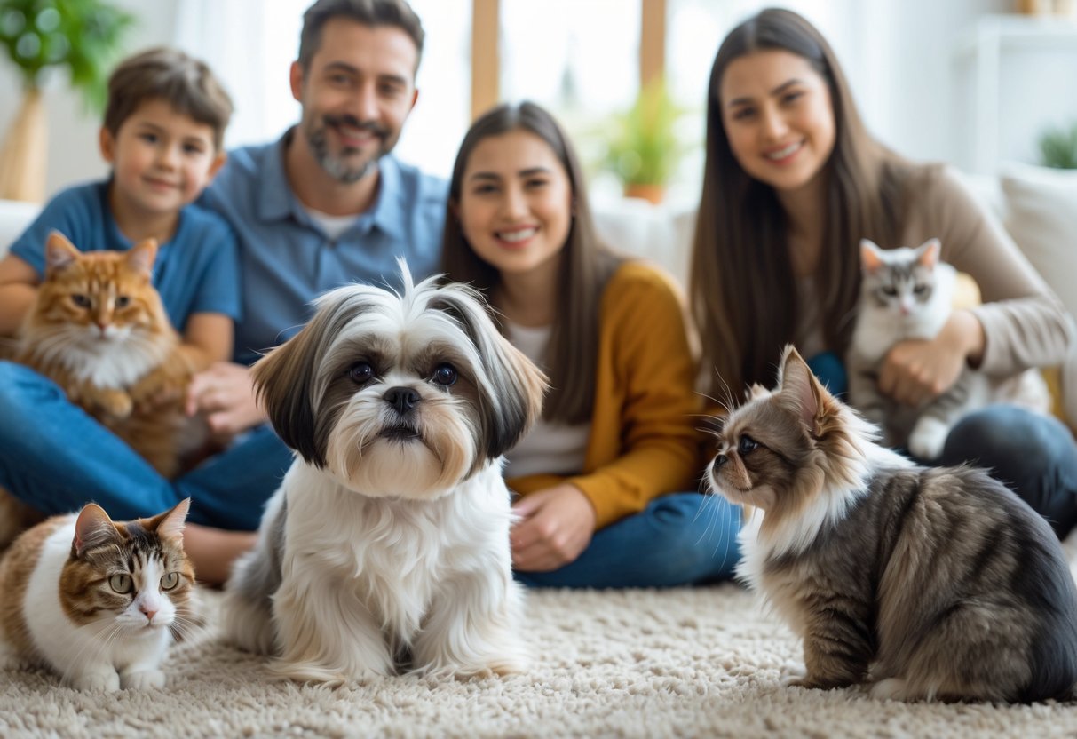 Um cachorro Shih Tzu em uma sala de estar aconchegante com uma família sorridente e outros animais de estimação convivendo juntos.
