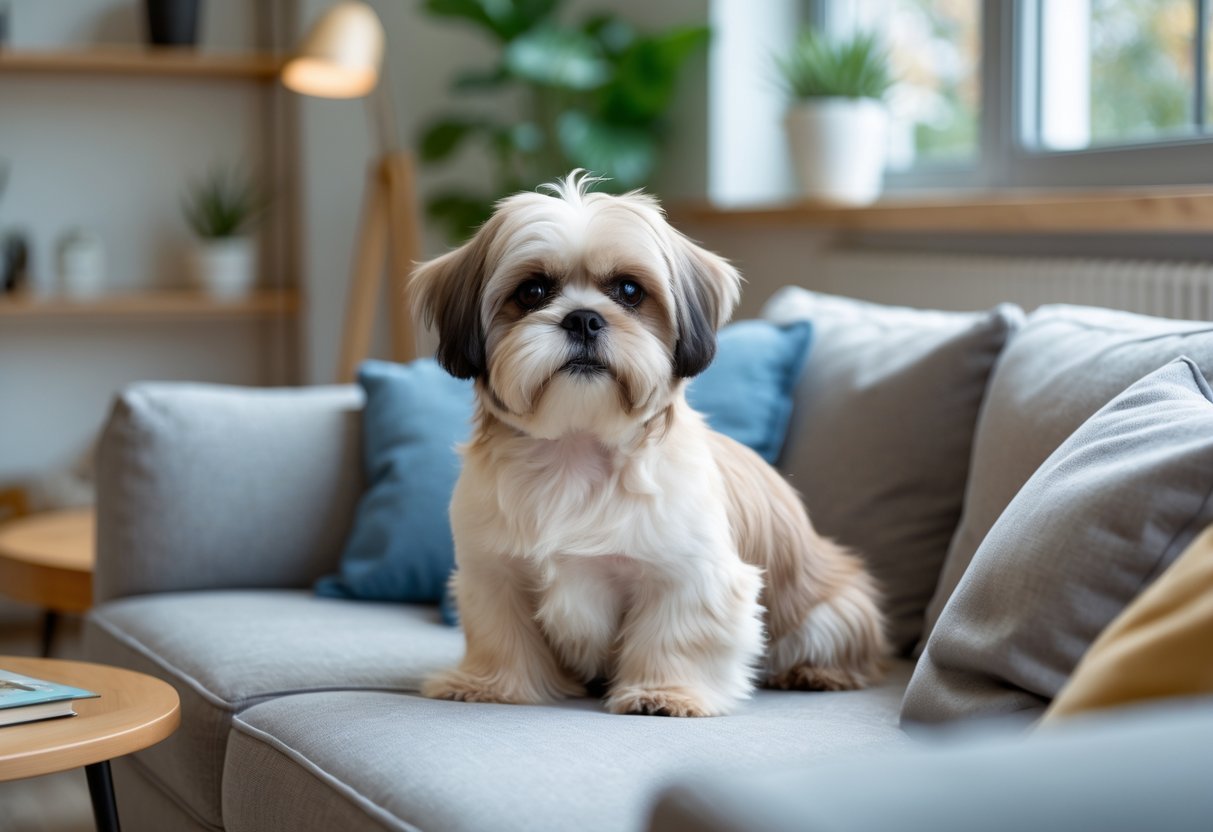 Um cachorro Shih Tzu sentado confortavelmente em um sofá dentro de uma sala de estar iluminada e acolhedora.