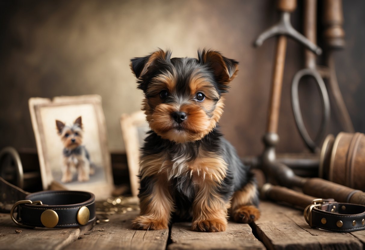 Filhote de Yorkshire Terrier sentado sobre uma superfície de madeira, cercado por fotos antigas e objetos vintage que remetem à história da raça.