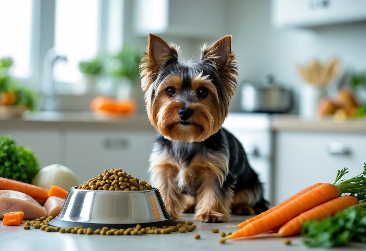 Um cachorro Yorkshire Terrier saudável sentado ao lado de uma tigela com ração, em uma cozinha clara e limpa.