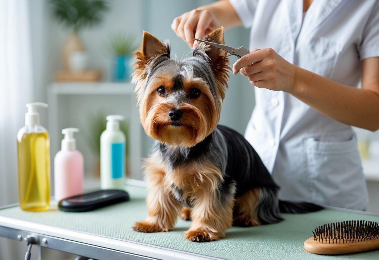 Um Yorkshire Terrier sendo cuidadosamente escovado por uma pessoa em um ambiente interno limpo e iluminado.